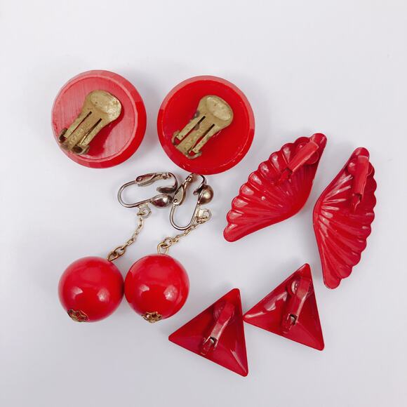 Vintage Marked Germany Lot of 4 Earrings MCM Cherry Red Bombshell Wings Clip On - Picture 7 of 8